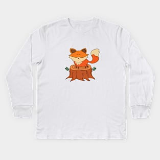 cute fox on a tree stump Kids Long Sleeve T-Shirt